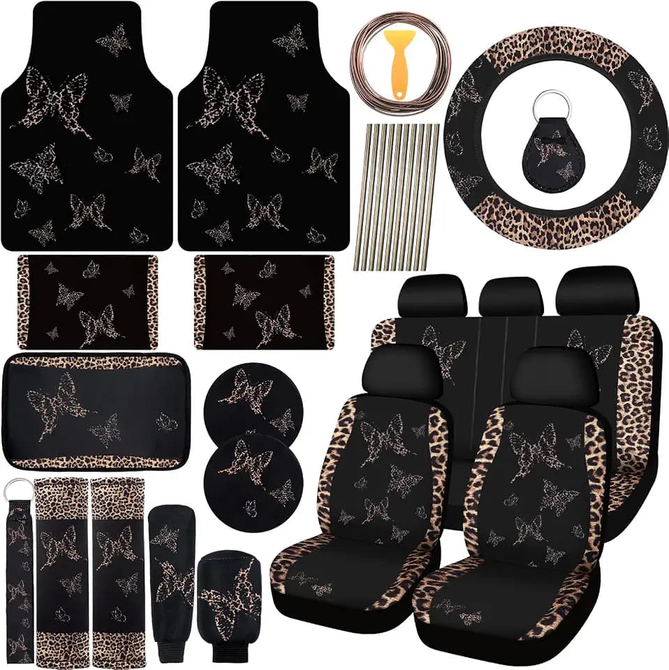 BBTO 47 Pcs Car Seat Covers Full Set Butterfly Women, Leopard Print