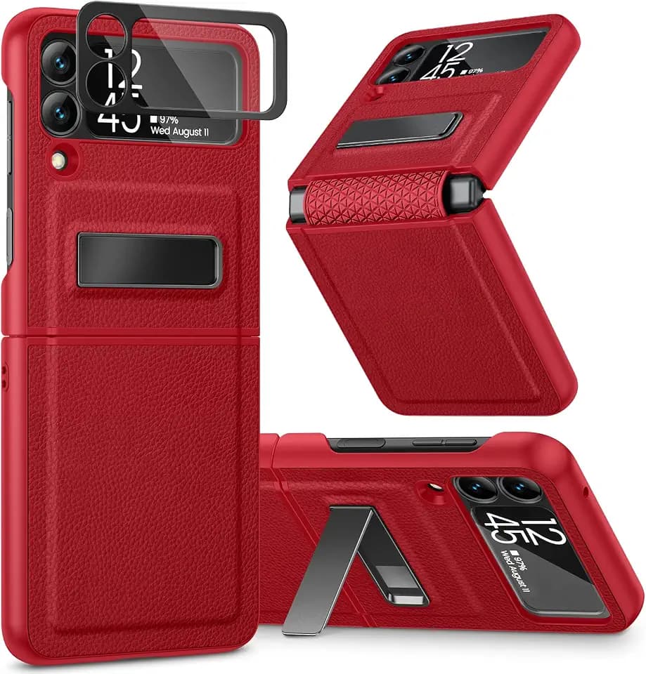 Caka Compatible for Galaxy Z Flip 3 5G Kickstand Case, Z Flip 3 Case with Camera Protector Hinge Protection Wireless Charging Cover for Samsung Galaxy Z Flip 3 (Red)