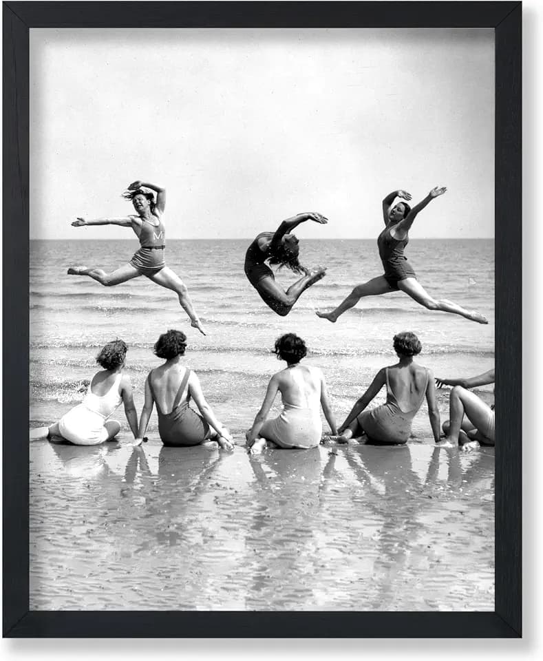 Poster Master Women Dancing on Beach Poster - Women Surfers Print - Dance Art - Black and White Imagery - Beach Illustration - Ocean House Coastal Wall Decor - 8x10 UNFRAMED Wall Decor