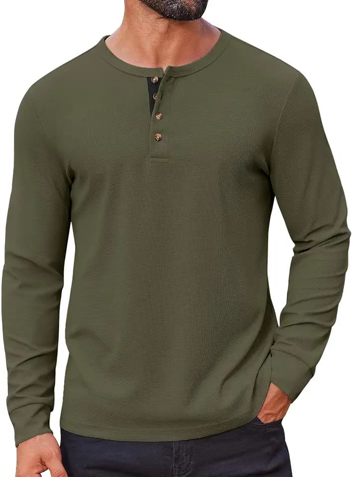 COOFANDY Mens Waffle Henley Shirts Long Sleeve Casual T-Shirt Basic Lightweight Pullover Tees