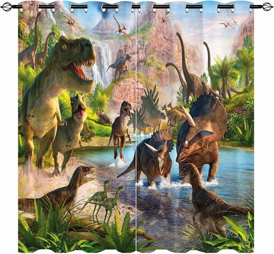 Dinosaurier-Vorhänge – Kinder Jungen Dschungel Tiere Tierwelt Dino-Druckmuster Ösen Verdunkelung wärmeisoliert & Raumverdunkelung Fenstervorhänge für Schlafzimmer, 2 Paneele B 117 cm x T 183 cm