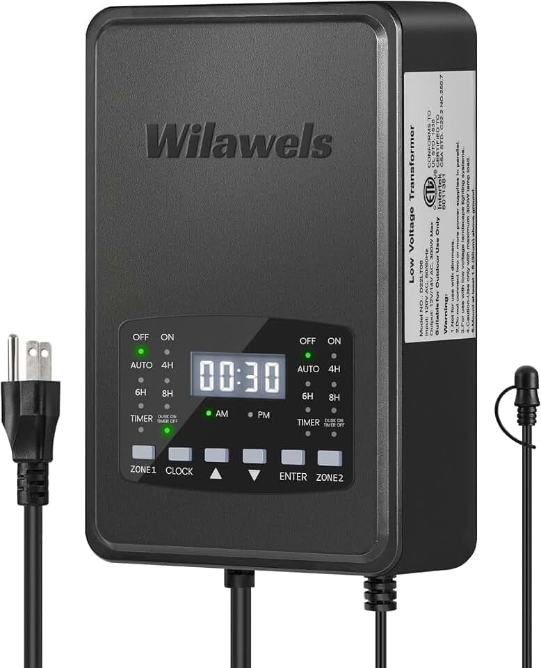 300W Low Voltage Landscape Transformer, 2 Zone Independent Control Landscape Lighting Transformer, 120VAC to 12/14V AC Low Voltage Transformer with Timer & Photocell Sensor ETL Listed D22LT06