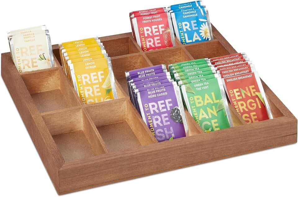 Relaxdays Sortierbox Holz, 15 Fächer, HxBxT: 3,5x32x26 cm, Aufbewahrungsbox für Tee, Perlen u. Nähzubehör, offen, Natur