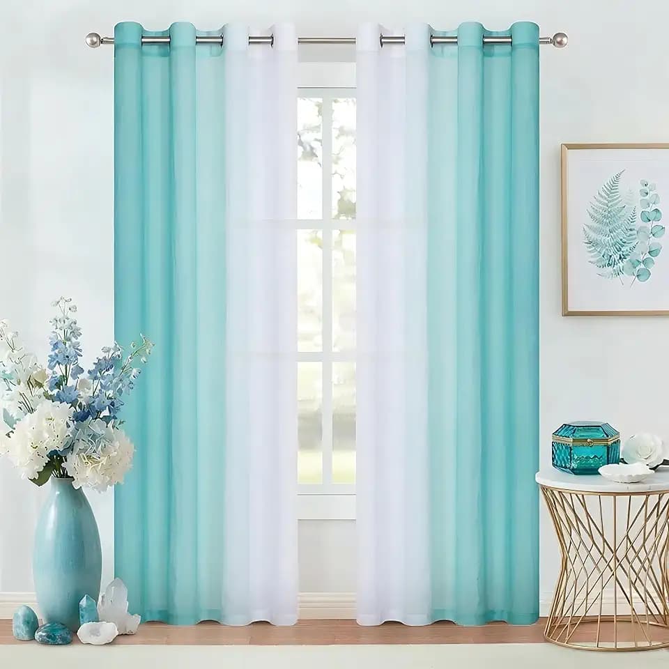 Purainbow Teal Ombre Sheer Curtains 95 Inch Long Bedroom Grommet 2 Panels
