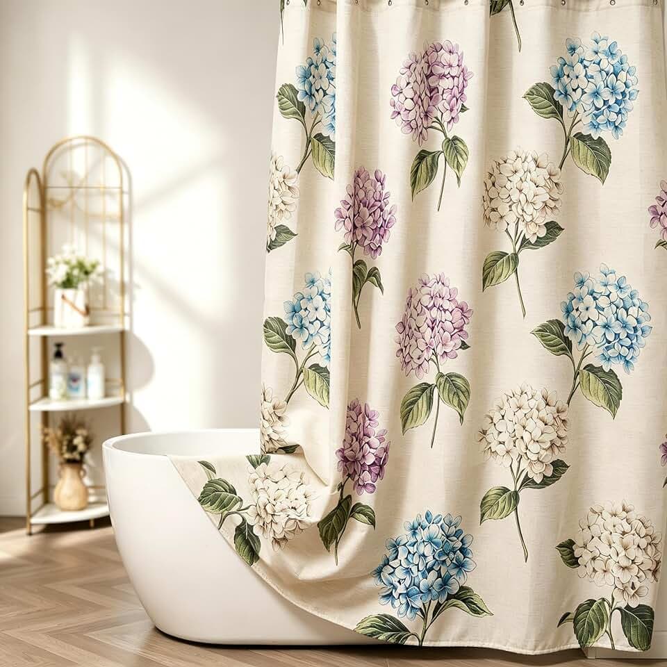 Hydrangea Linen Shower Curtain, 180 GSM Heavyweight Fabric with Weighted Hem, Vintage Floral Farmhouse Decor, 72x72 in Bathroom Curtain with 12 Hooks