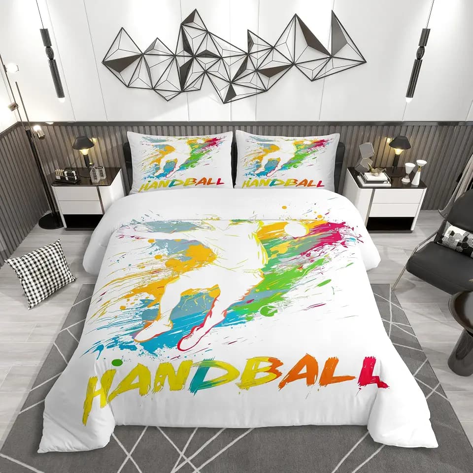 Homewish Handball Sport Theme Bettwäsche 135x200cm Bunte Tinte Splash Graffiti Handballspieler Bettbezug für Kinder Jungen Sportlicher Design Bettwäscheset Sport Enthusiasten Bettset Moderne Raumdekor