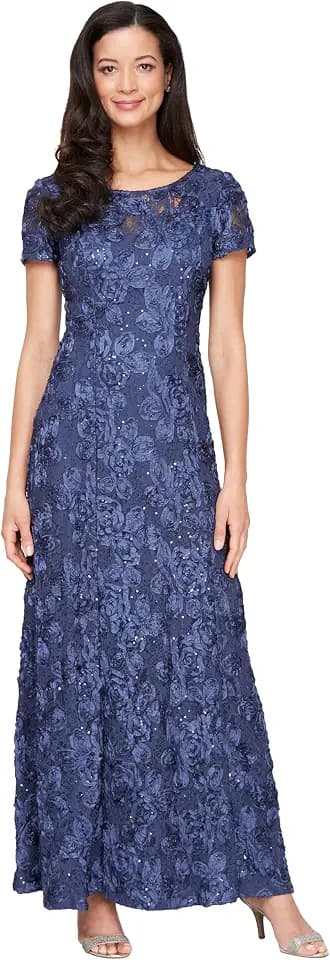 Alex Evenings Women's Long Rosette Mother of The Bride Dress with Short Sleeves