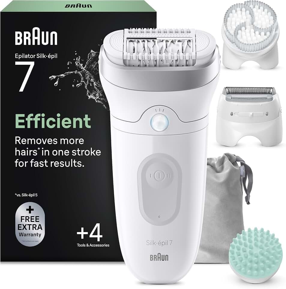 Braun Silk-épil 7 Epilierer Damen, Haarentferner für Langanhaltende Haarentfernung mit Breitem Aufsatz, Seidig-Glatte Haut, Ladyshaver, Wet&Dry, Wasserdicht, Made in Germany — 7-011, Weiß/Silber
