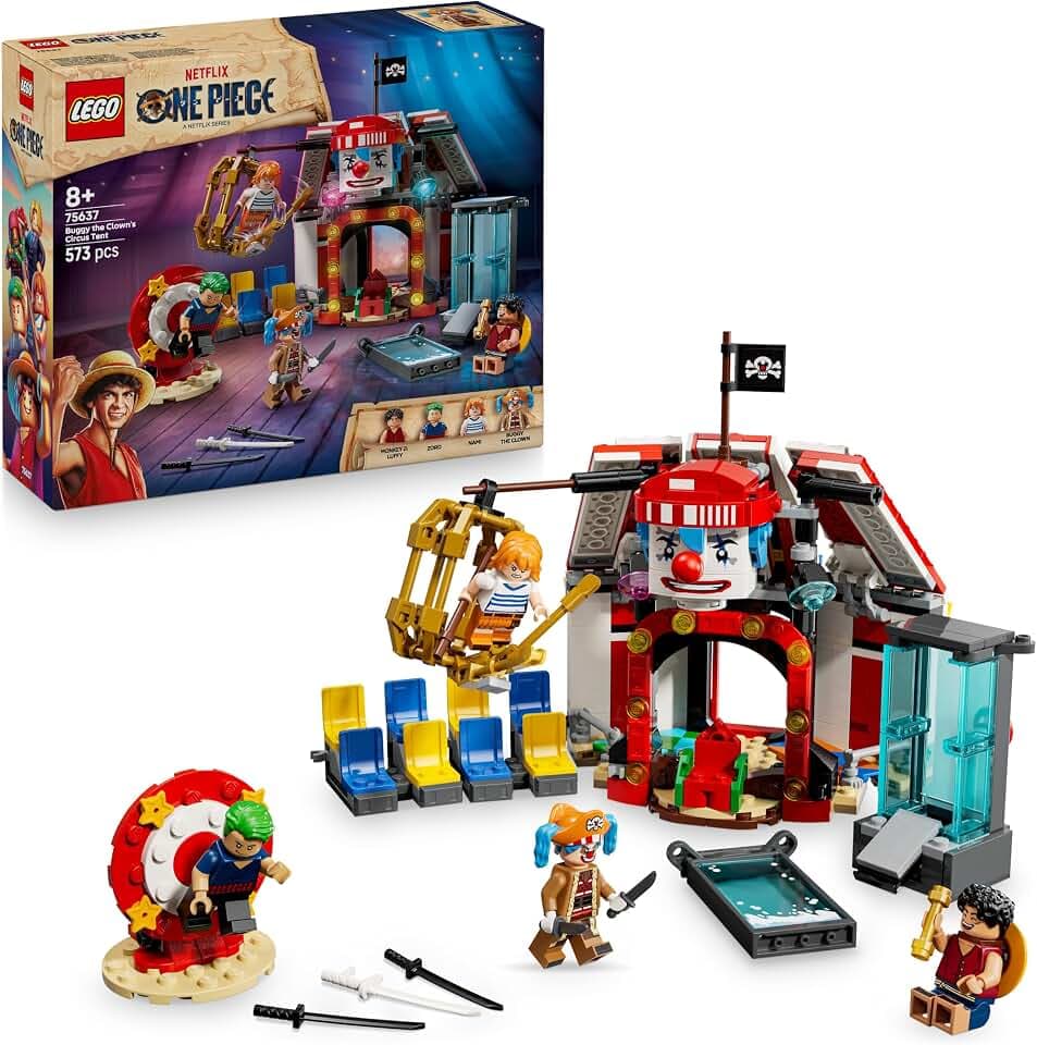 LEGO ONE PIECE Zirkuszelt von Buggy dem Clown - Interaktives Spielzeug mit 4 Minifiguren - Ruffy, Nami & Zoro sowie 2 Steckbriefen - Kreatives Geschenk für Jungen, Mädchen & Fans ab 8 Jahren - 75637