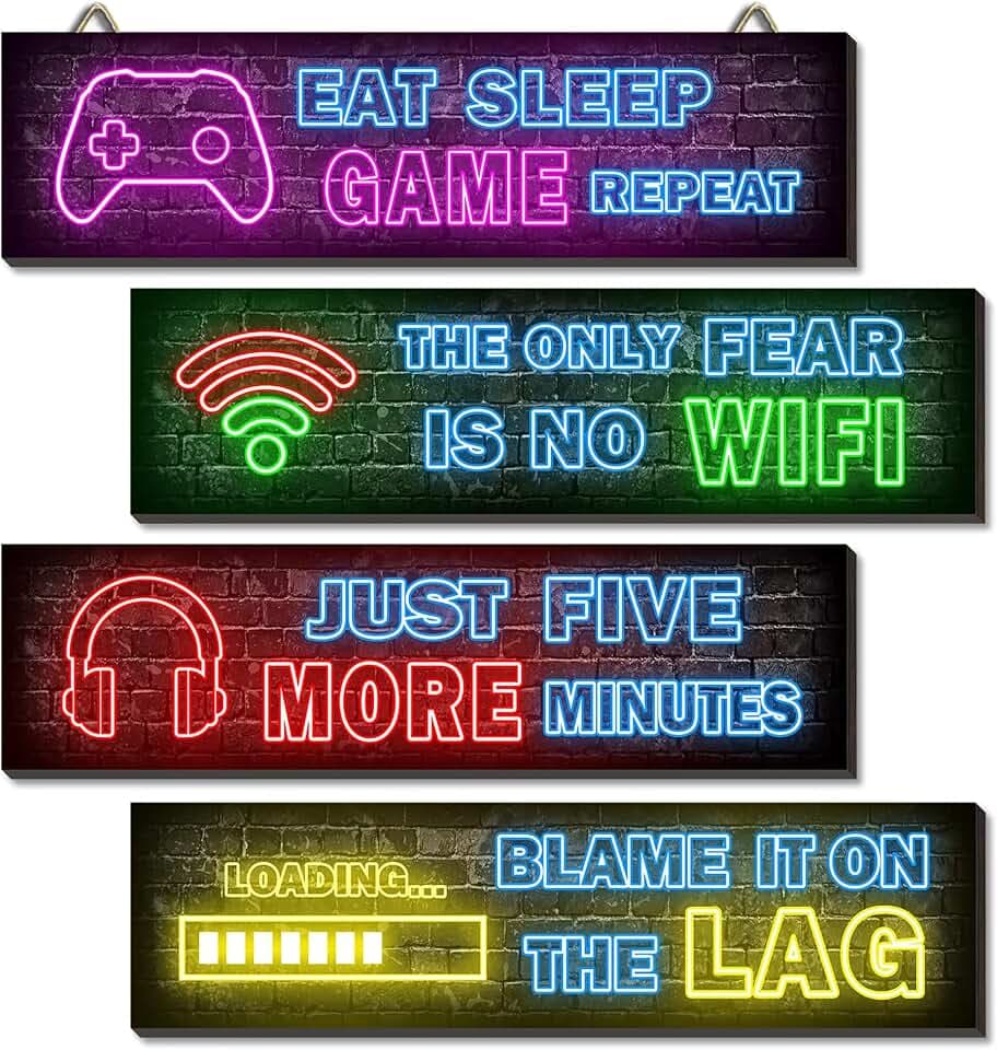 APOXYO 4 Stück Holz Gaming Poster – Neon Wanddeko für Gaming Zimmer