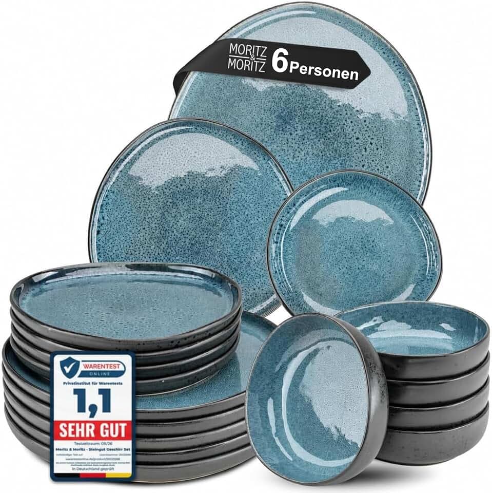 Moritz & Moritz Steingut Geschirrset 6 Personen Blau 18-Teilig - Steingut Teller Set bestehend aus 6x Dinnerteller, 6x Dessertteller, 6x Suppenteller - Serie Organic