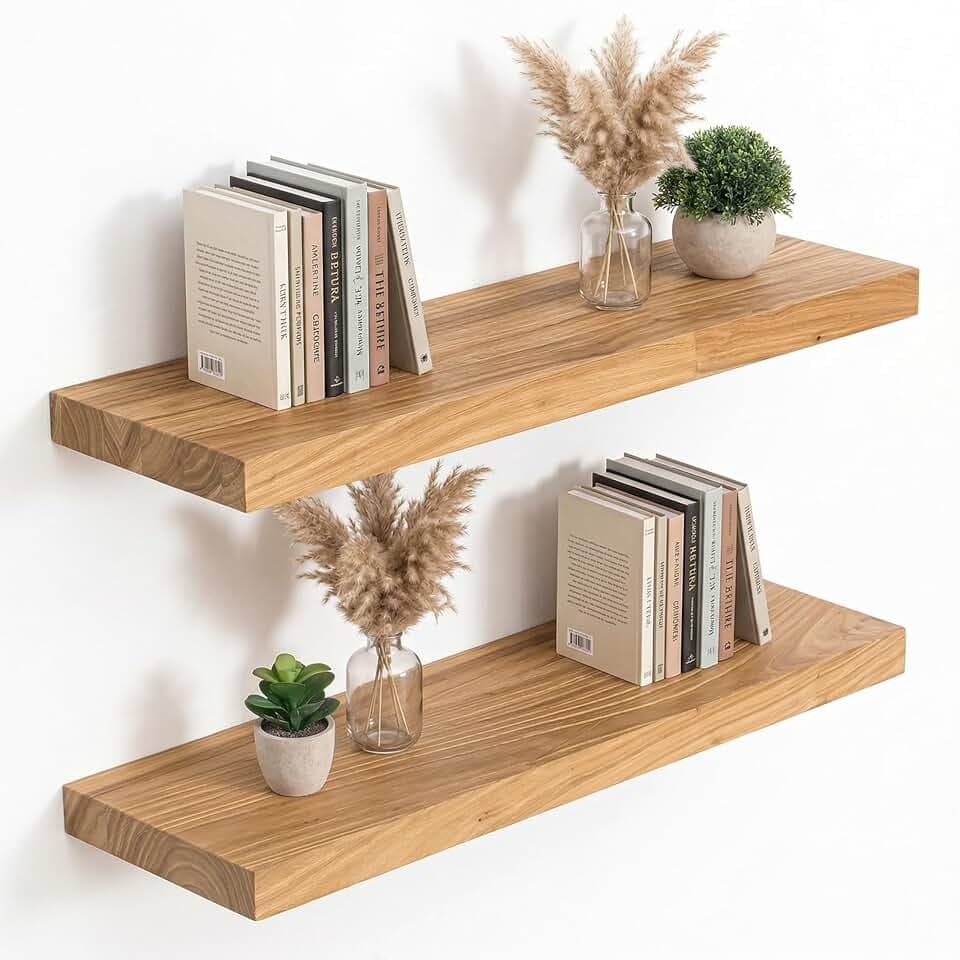 Acovy Extra Deep 24/32/36/40/48/55/72" Rustic Solid Elm Wood Floating Shelves for Wall, Wall Shelves with Invisible Bracket for Living Room Bathroom Bedroom Kitchen, Natural