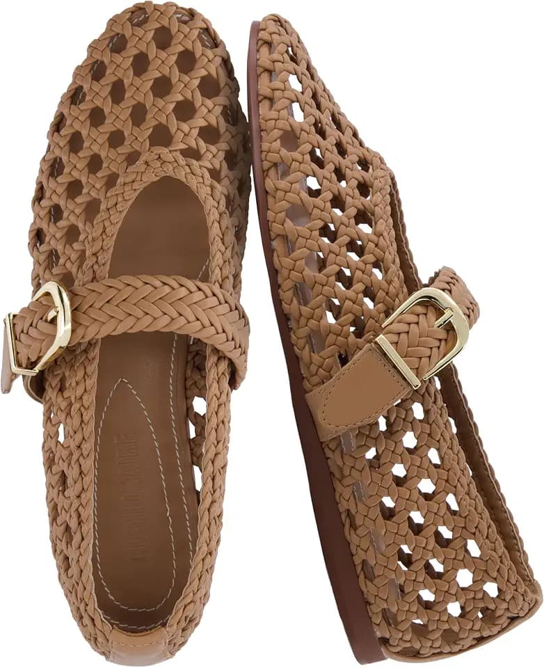 CUSHIONAIRE Wit Hand Woven Womens Flats, Comfortable Mary Jane Ballet Flat with Adjustable Buckle Braided Strap and Cushioned Memory Foam