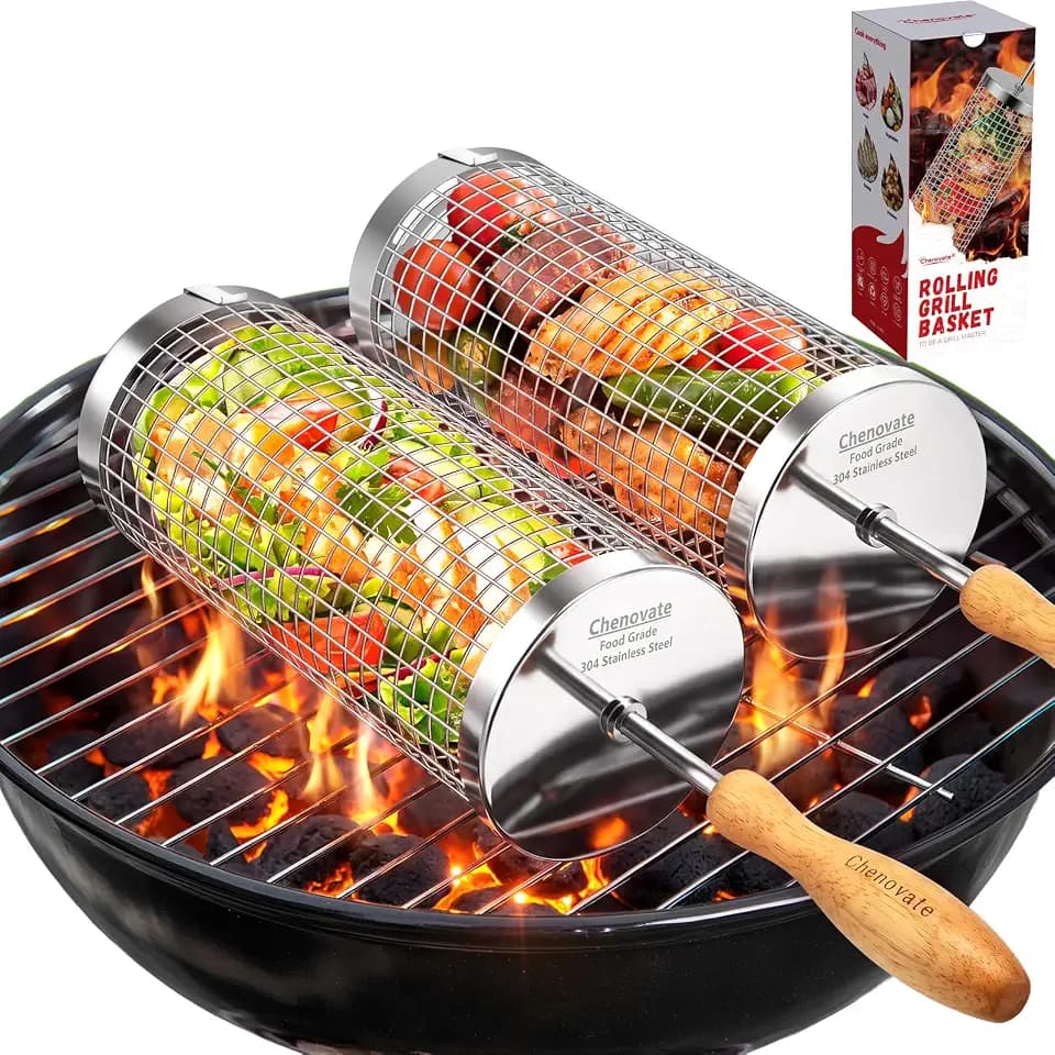 Rolling Grill Baskets,Gifts for Men,Grilling Accessories for Veggies—2 Pack