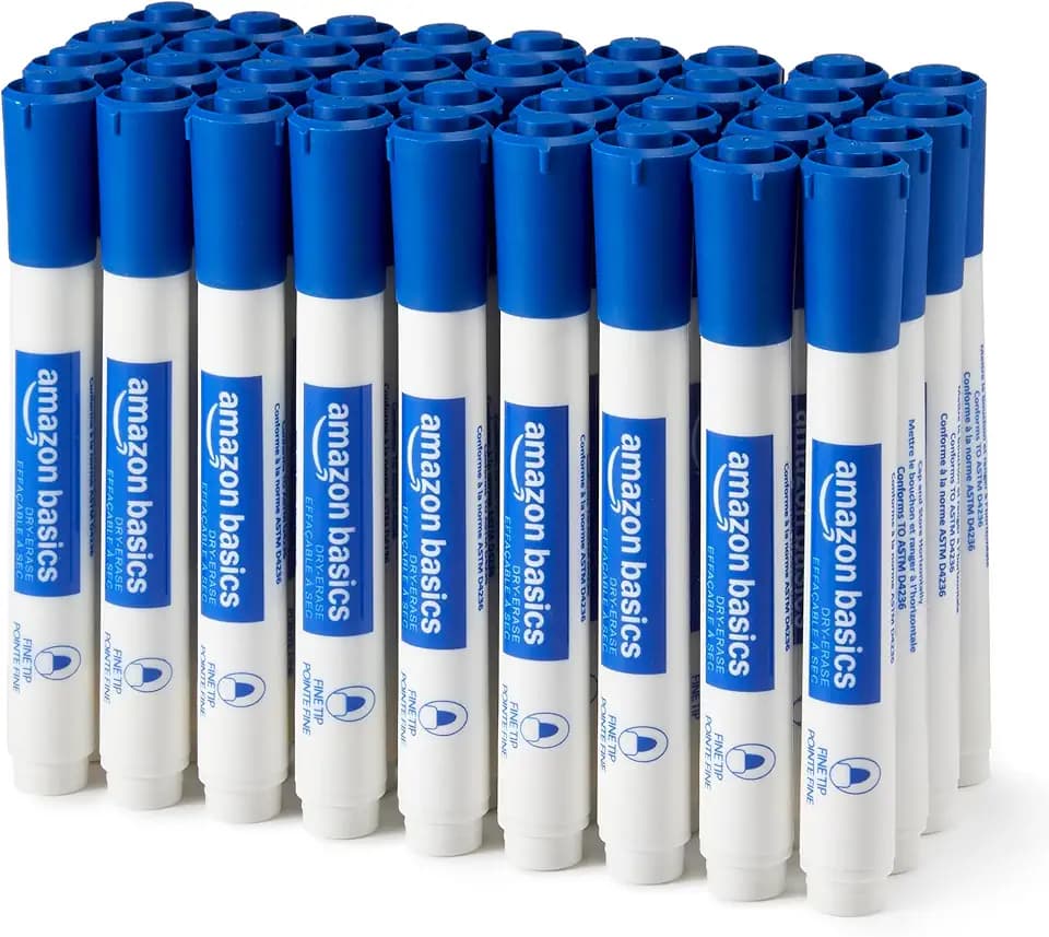 Amazon Basics Low-Odor Dry Erase Whiteboard Markers, Fine Tip, Blue, 36 Count