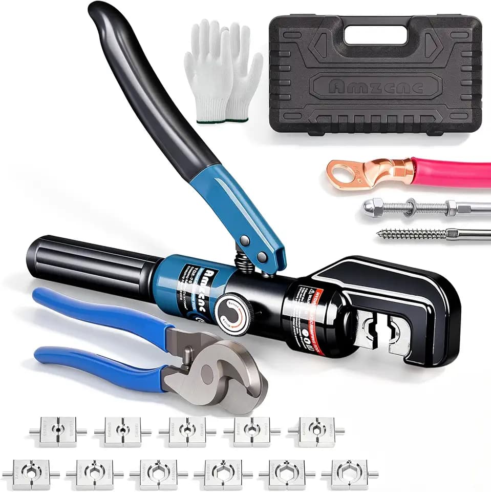 Hydraulic Crimping Tool, Battery Cable Crimper 12AWG–4/0AWG, 11 US Hex Dies, 10-Ton Hydraulic Crimper for Electrical Lugs，Cutter & Case (YQK-0000 and cut)