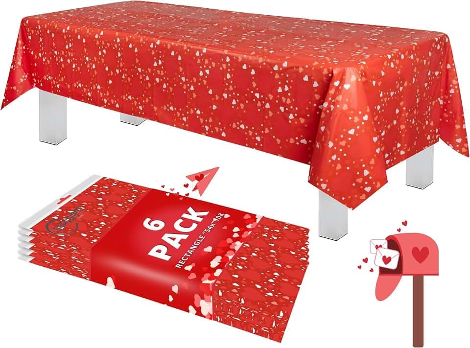 Grandipity Valentine's Day Tablecloth Rectangle (6 Pack) Heart Decor Premium Disposable Plastic Tablecloth 54 Inch x 108 Inch Rectangle Table Cover - Valentines Day Decorations & Valentines Day Decor
