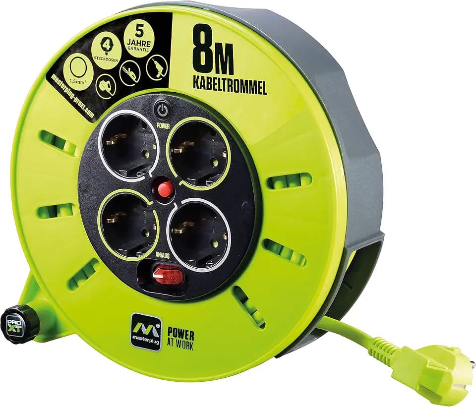 Masterplug Pro-XT Kabeltrommel Verlängerungskabel 8m - Outdoor Steckdose mit 4 Anschlüssen, Thermoschutz & Netzschalter, verlängerungskabel außen
