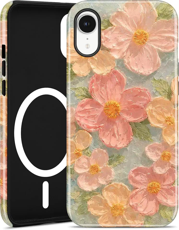 Jusy Compatible with MagSafe Floral Case for iPhone XR, Aesthetic Oil Painting Flower Magnetic Phone Case, Soft TPU and Hard PC Protective Cover for Women Girls (Shiny) - Green Flower