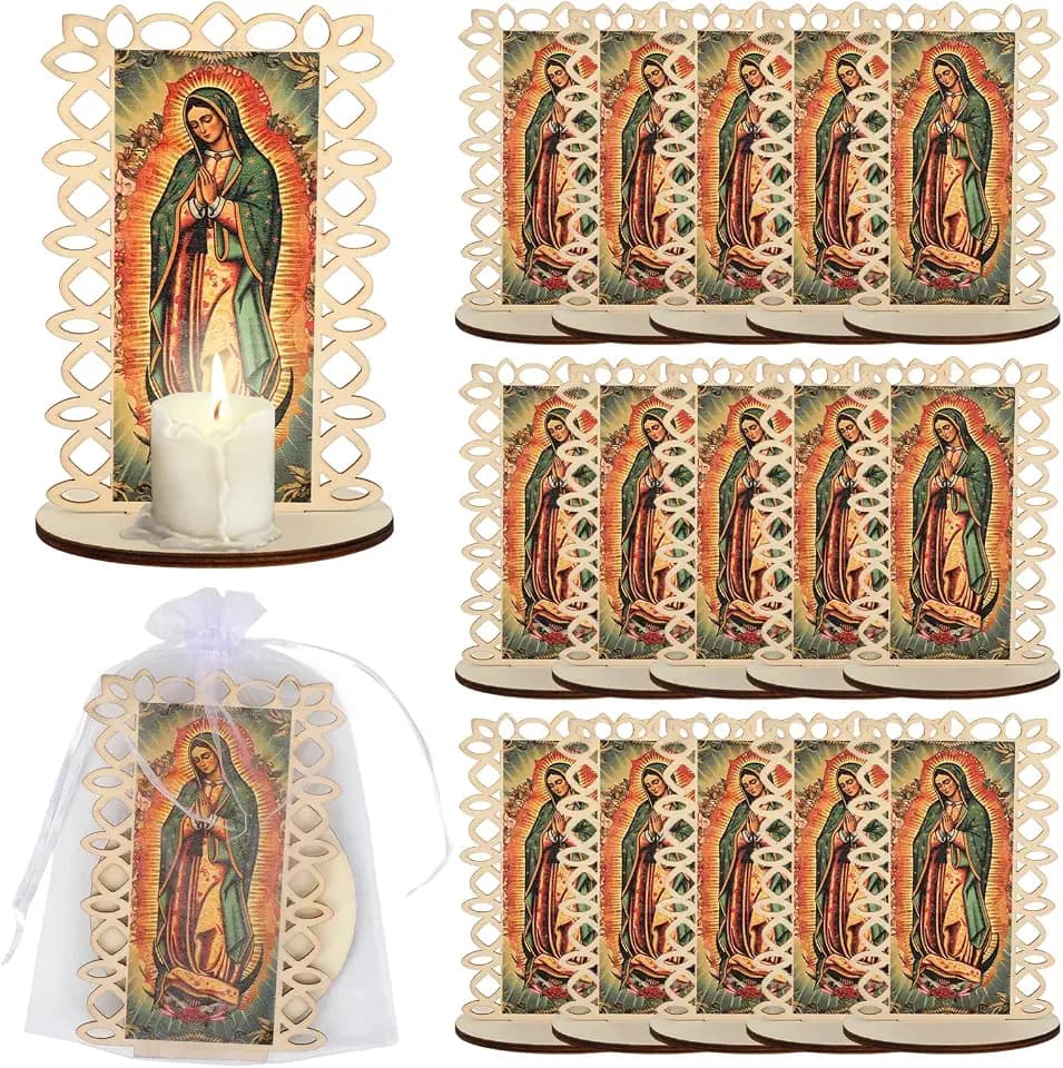15 Set Our Lady of Guadalupe Wooden Statues Virgen De Guadalupe Picture Frames with Organza Gift Bags Baptism Favors for Guests Baptism Centerpieces for Table First Communion Gifts Catholic Favors