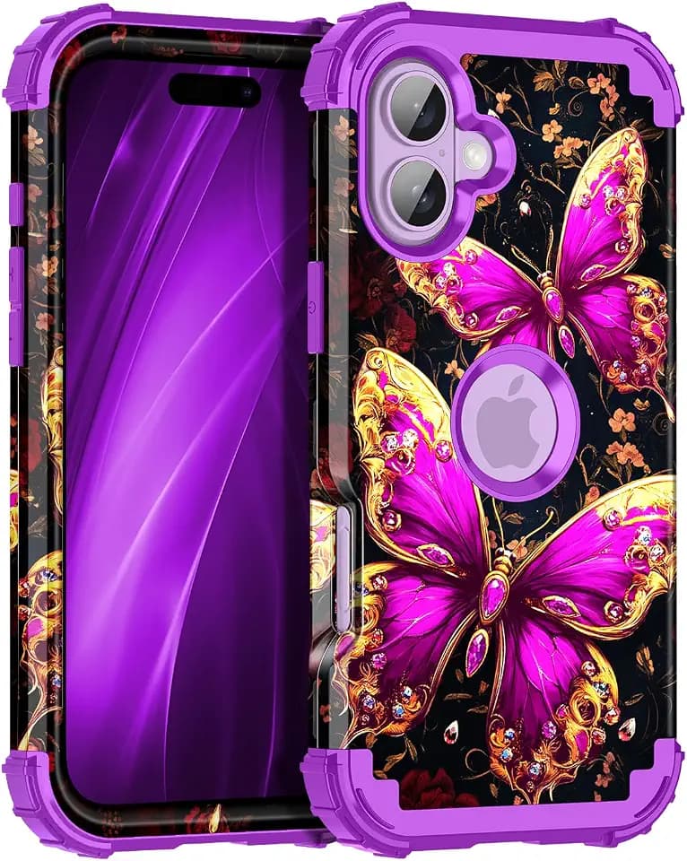 Miqala for iPhone 17 Case,Glow in The Dark Three Layer Heavy Duty Shockproof Protection Hard Plastic Bumper+Soft Silicone Case for iPhone 17,Purple/Gold