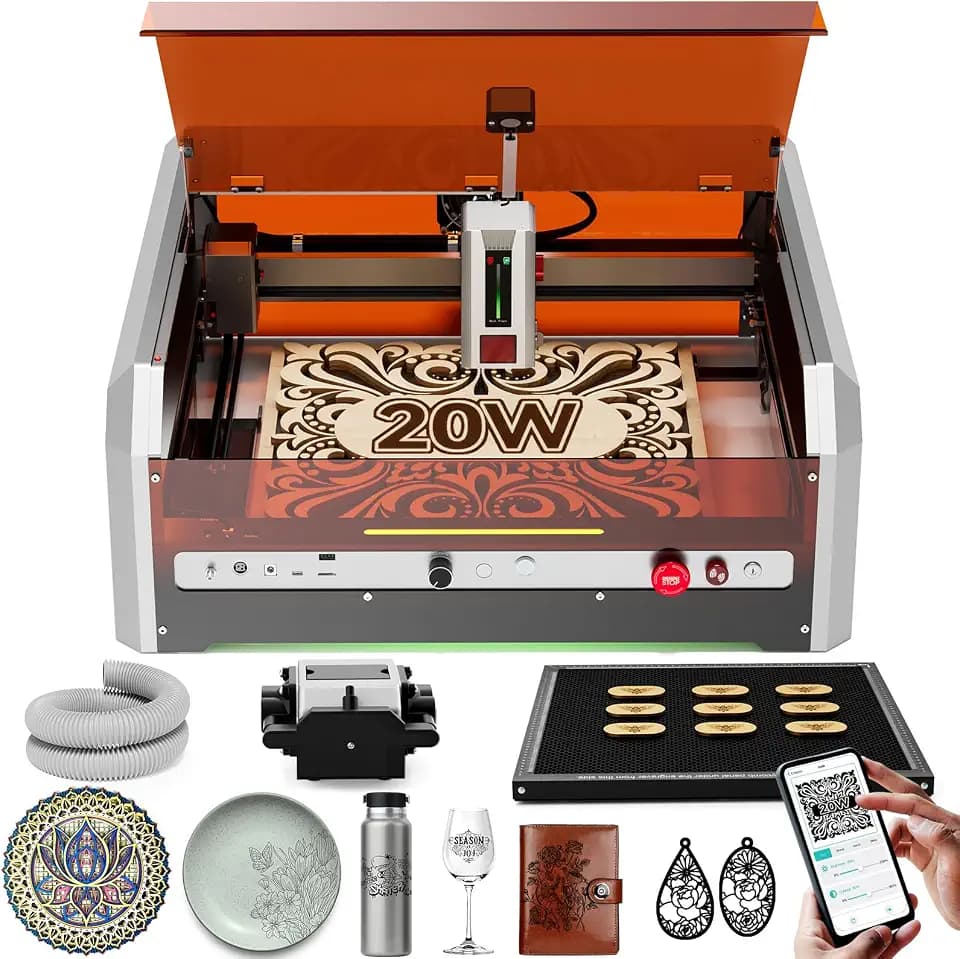 Laser Graviermaschine, Woxcker L8 20W Geschlossener Lasergravierer – Vormontiertes All-in-One-System mit Luftunterstützung, Kamera & Honigwabe, 40000 mm/min für Holz, Metall, Acryl, Glas, Edelstahl