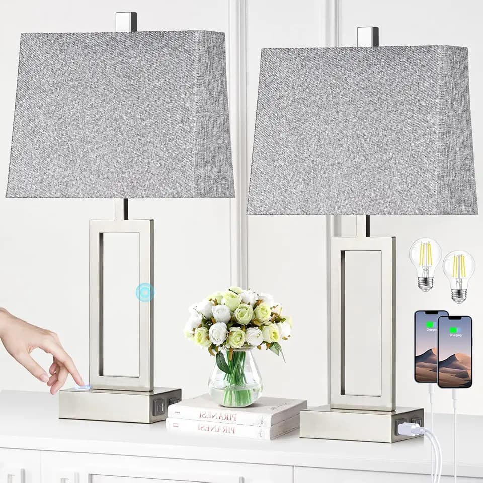 Rinweey 23.5" Touch Control Table Lamps Set of 2, Modern Silver Bedside Lamps with USB A+C Ports & AC Outlet, 3 Way Dimmable Contemporary Nightstand Lamps for Bedroom Living Room(2 LED Bulb Included)