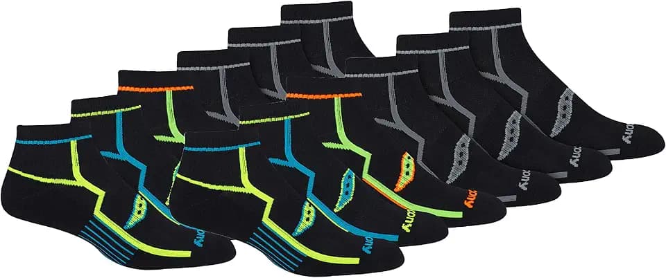 Saucony Men's RunDry Bolt Performance Quarter Socks, Available in L-XL (6, 12 Pairs)