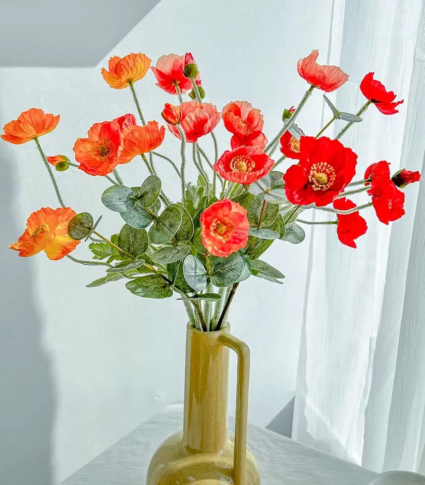 Artificial Flowers of Poppies and Eucalyptus Stems, Red and Orange Flowers Artificial for Vase, Silk Flowers Arrangement for Wedding Party Farmhouse Home Office Table Centerpieces Decoration