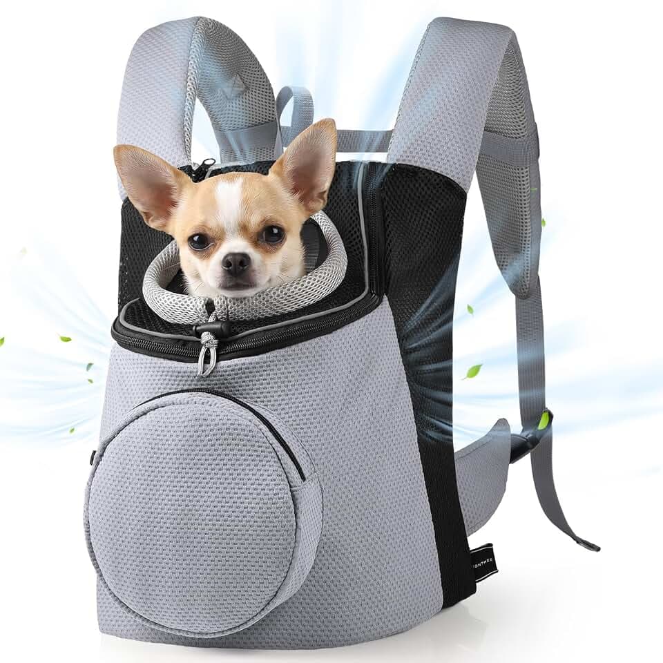 BONTHEE Hundetrage-Rucksack für kleine Hunde & Welpen – atmungsaktiver Frontrucksack mit PE-Boden und Aufbewahrungstasche, für Outdoor, Wandern & Reisen, bis 4.5kg
