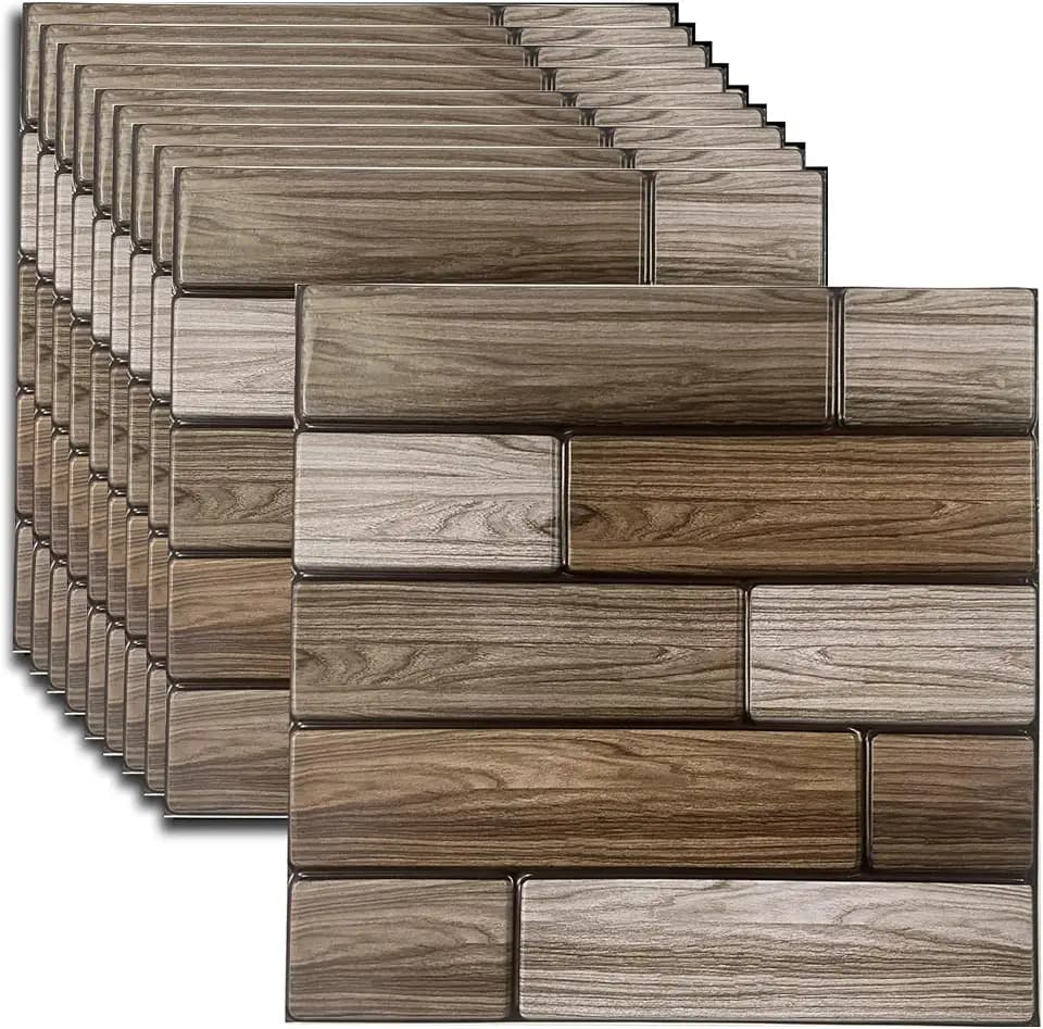 10PCS 3D Wall Panels Peel and Stick, Brick Pattern in Brown and Rust Tones Faux Stone Wall Panel Foam Brick Self-Adhesive Wallpaper (11.8in*11.8in) (Grey Wooden)