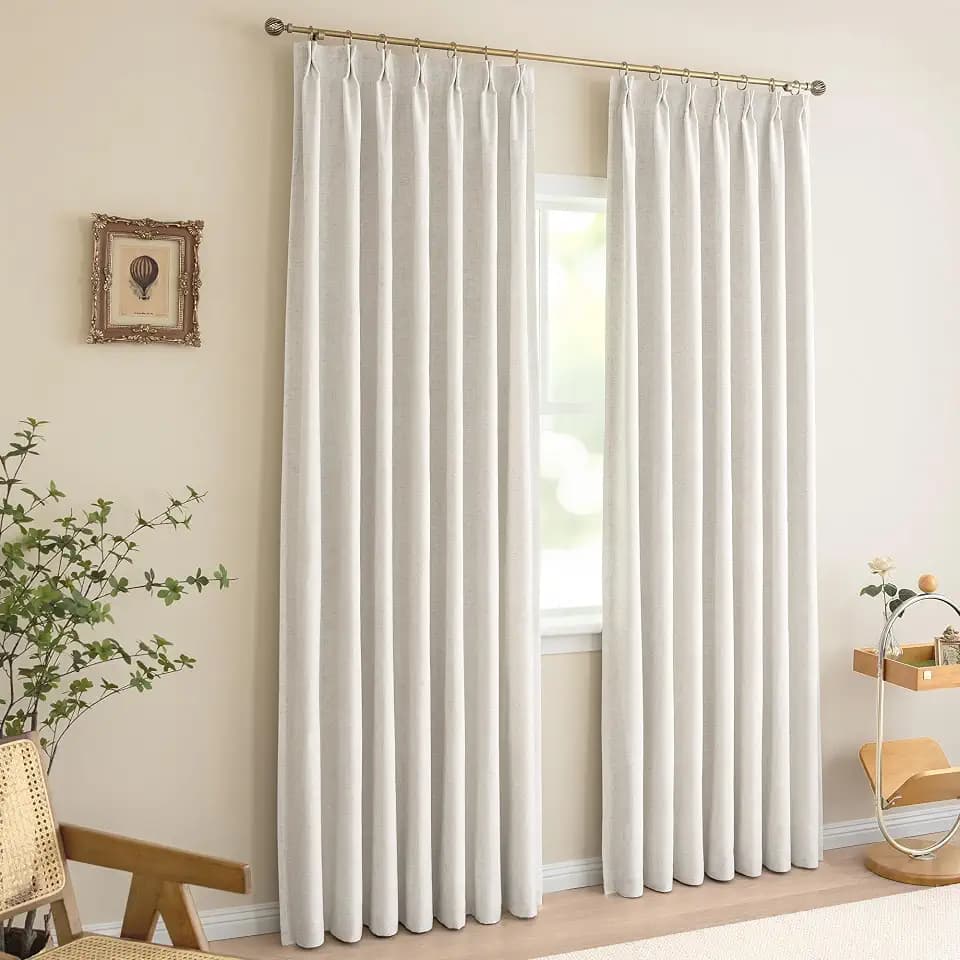 THREE GIRLS Pinch Pleated Blackout Curtains for Bedroom - Luxury Linen Pinch Pleat Curtains 108 Inches Long for Living Room, Thermal Insulated Black Out Pleated Drapes for Window 2 Panels Set, Beige