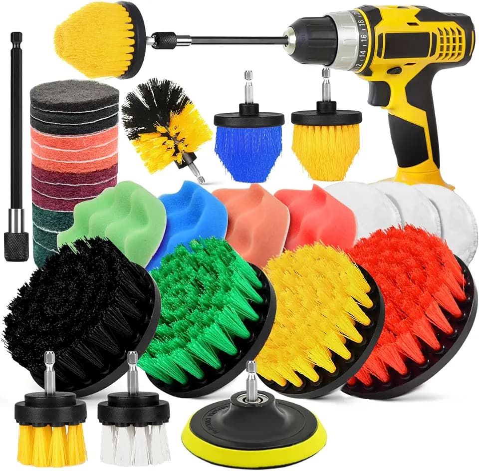 30Pcs Drill Brush Attachment Set,Drill Scrubber Brush Kit Include Scrub Pads, Sponge, Extend Attachment, Drill Cleaning Brush Attachment Set for Bathroom, Tub, Tile, Corner, Floor, Grout, Boat
