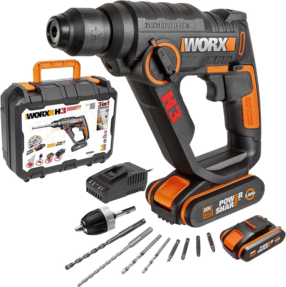 WORX WX390.1 SDS-plus Bohrhammer 20V, inkl. 2x 2Ah Akkus & Ladegerät | 1,2 Joule Schlagenergie, Bohrmaschine mit pneumatischem Hammerwerk zum Schrauben, Bohren und Hämmern