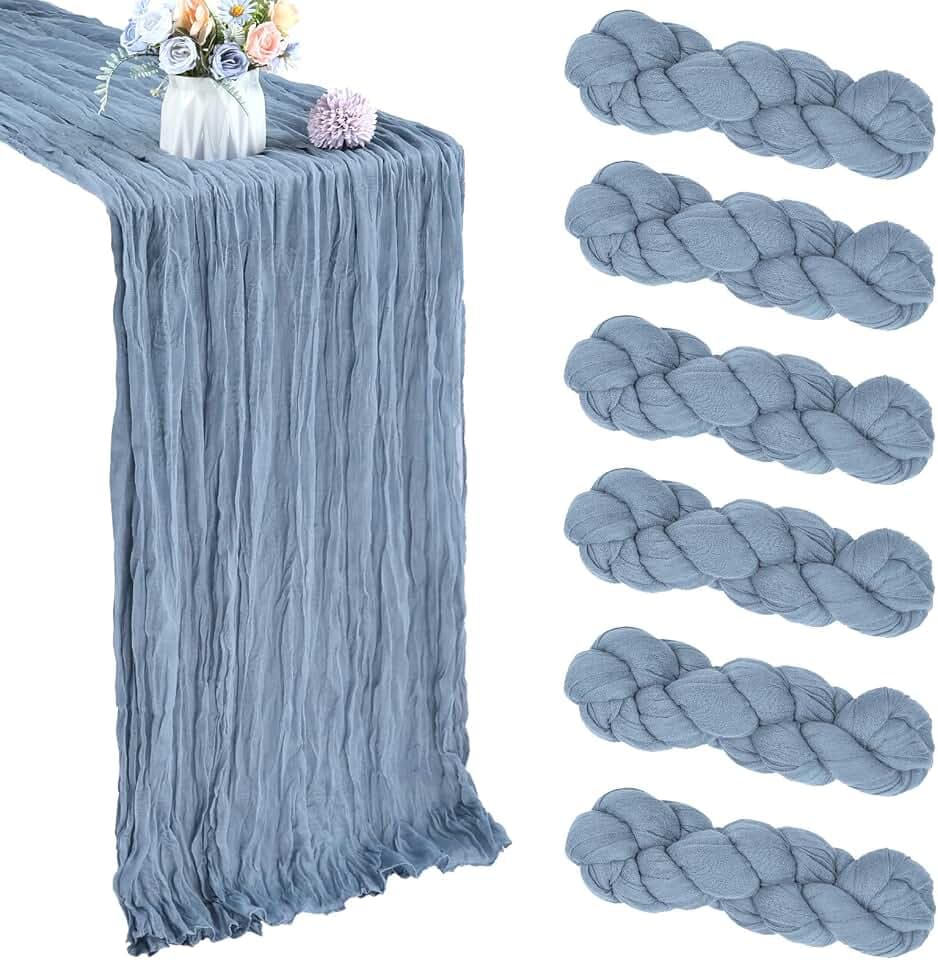 6 Pack Dusty Blue Cheesecloth Table Runner 35x120 Inch Gauze Rustic Boho Table Runner 10FT Cheese Cloth for Summer Wedding Decor Birthday Party Bridal Baby Shower Table Decoration