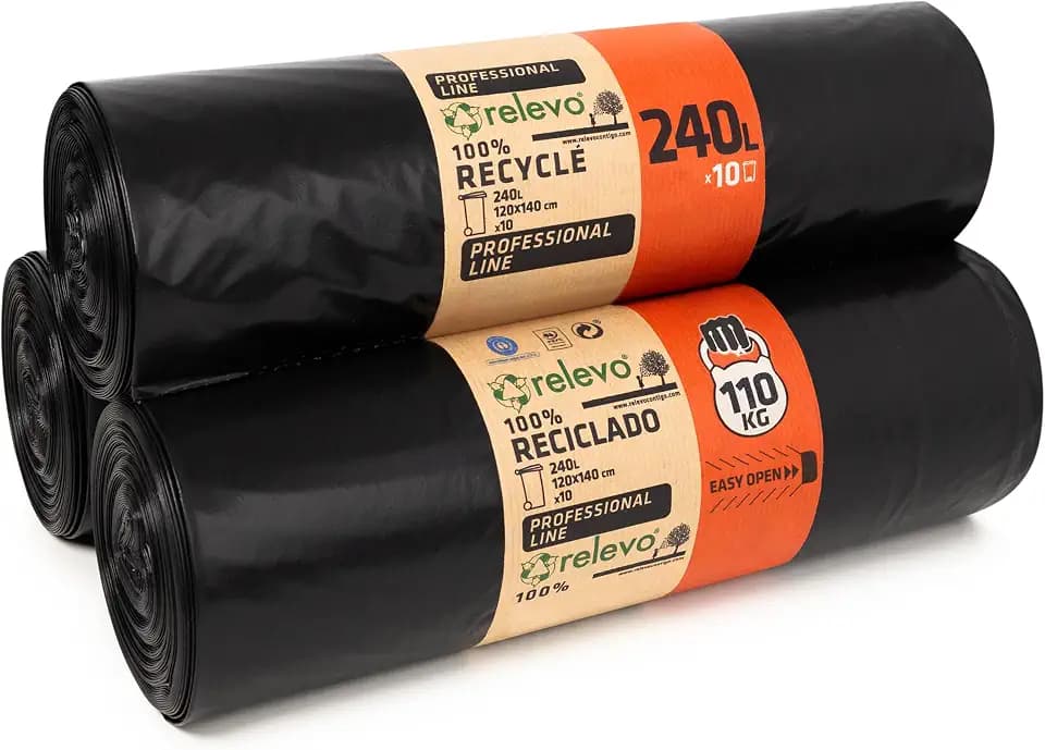 Relevo Professionelle Schwarze Schwerlast-Mülltonnensäcke – 240L (B 120 cm × H 140 cm), 30 Säcke (3 Rollen × 10 Säcke) | Extra Stark & Auslaufsicher | 55 µm (Mikrometer) | 100% Recyceltes LDPE