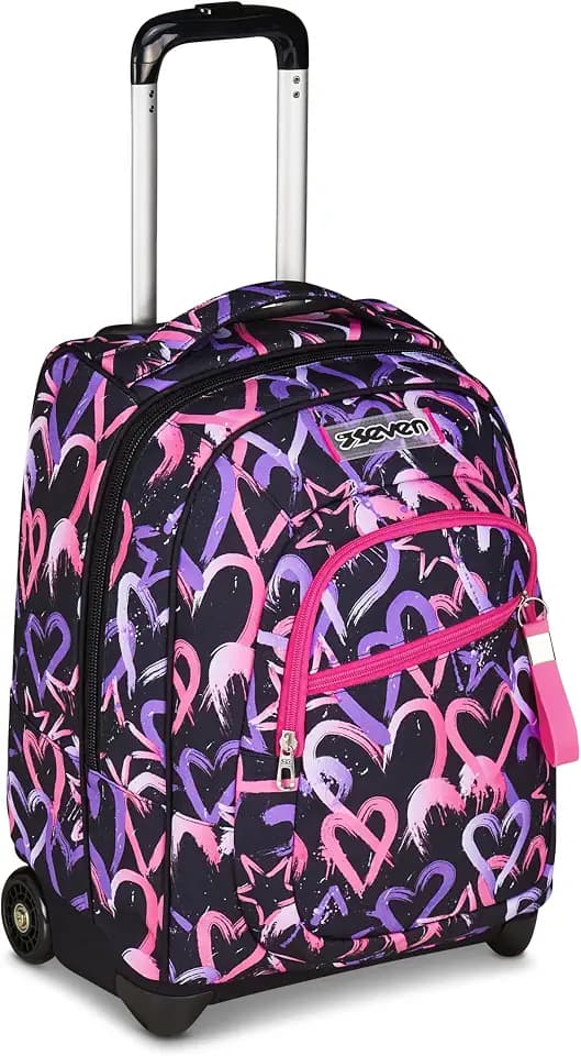 Seven Schulranzen mit Rollen, Schulrucksack Mädchen 1. klasse, Rucksack mit Trolley Funktion, 2 in 1 Trolley, rosa Herzen