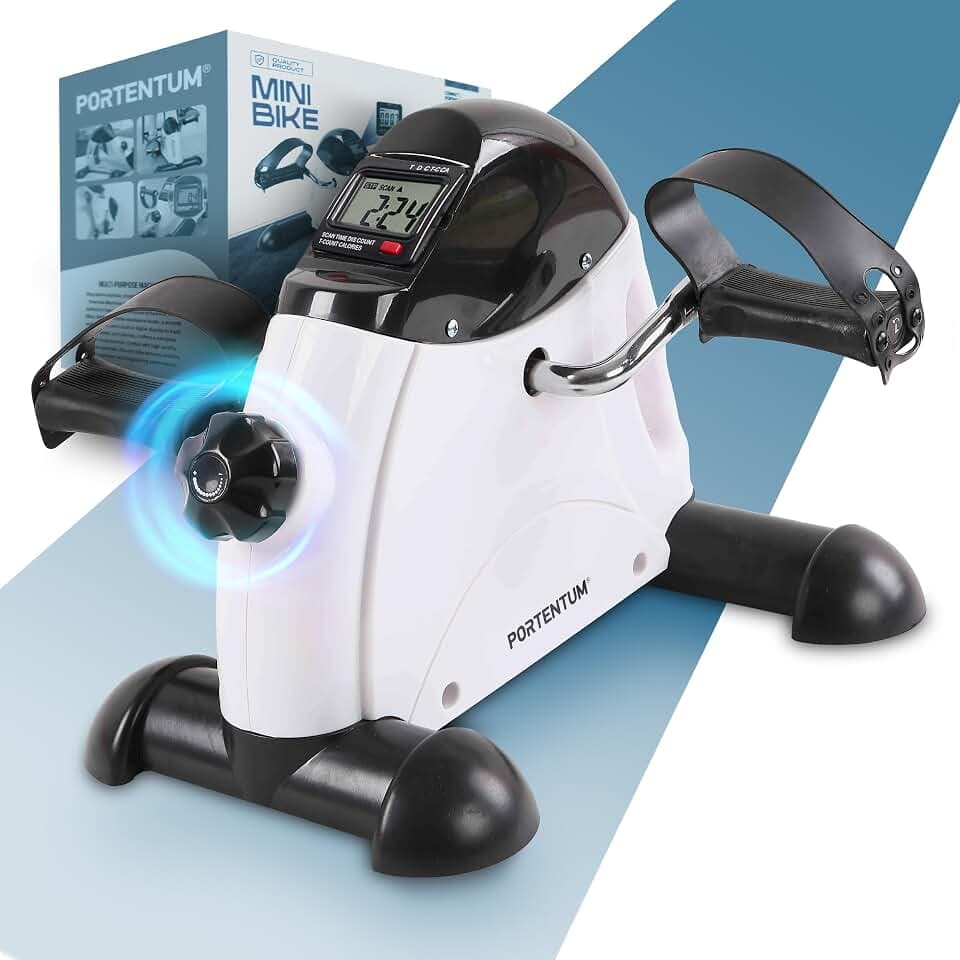 PORTENTUM Pedaltrainer für Senioren mit LCD-Display 6 Funktionen – Beintrainer im Sitzen kompakt mit einstellbarem Widerstand und Tragegriff – Tragbares Design als Mini Heimtrainer für Zuhause