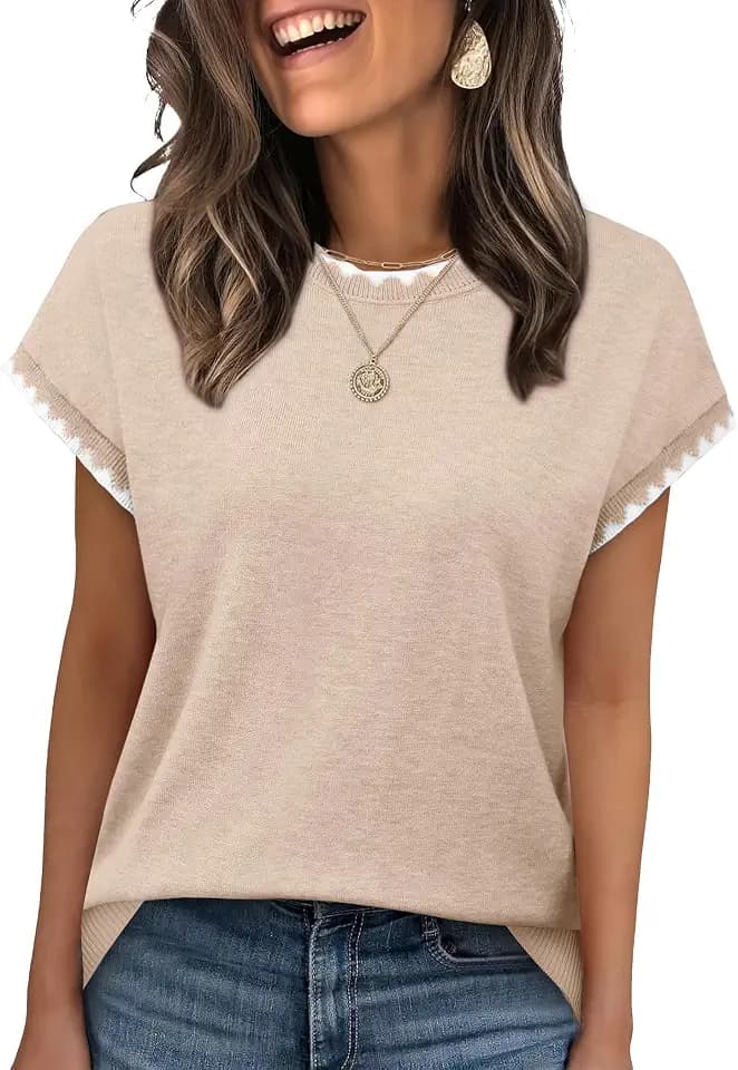 Sampeel Womens Short Sleeve Sweaters Tops Spring Outfits Crew Neck Summer Sweater Shirts Business Casual Work Tops