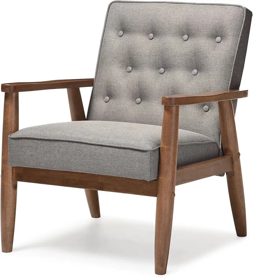 Baxton Studio Sorrento Mid-Century Retro Modern Fabric Upholstered Wooden Lounge Chair, Grey
