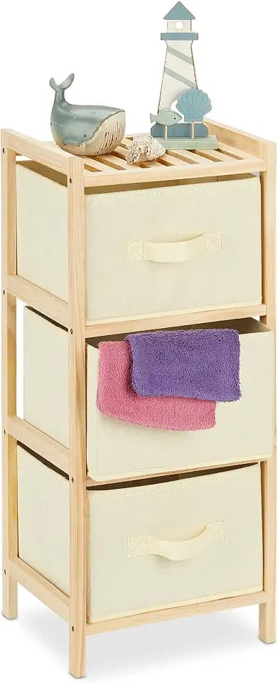 Relaxdays Badregal mit 3 faltbaren Körben, Aufbewahrung, Natur/beige