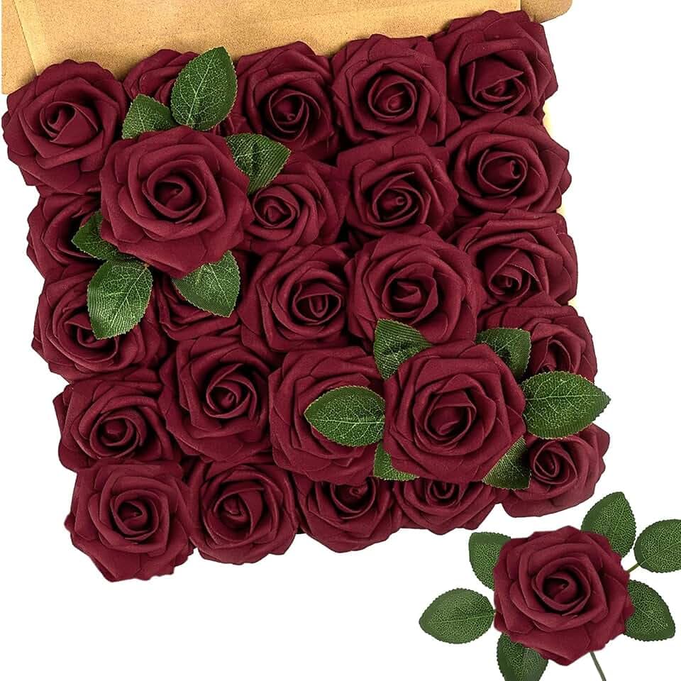 N&T NIETING Künstliche Blumen, fühlen sich echt an, Schaumstoff-Rosen, DIY-Blumen für Hochzeitssträuße, Tafelaufsätze, Arrangement, Party, Babyparty und Heimdekoration, Dunkelrot, 25 Stück