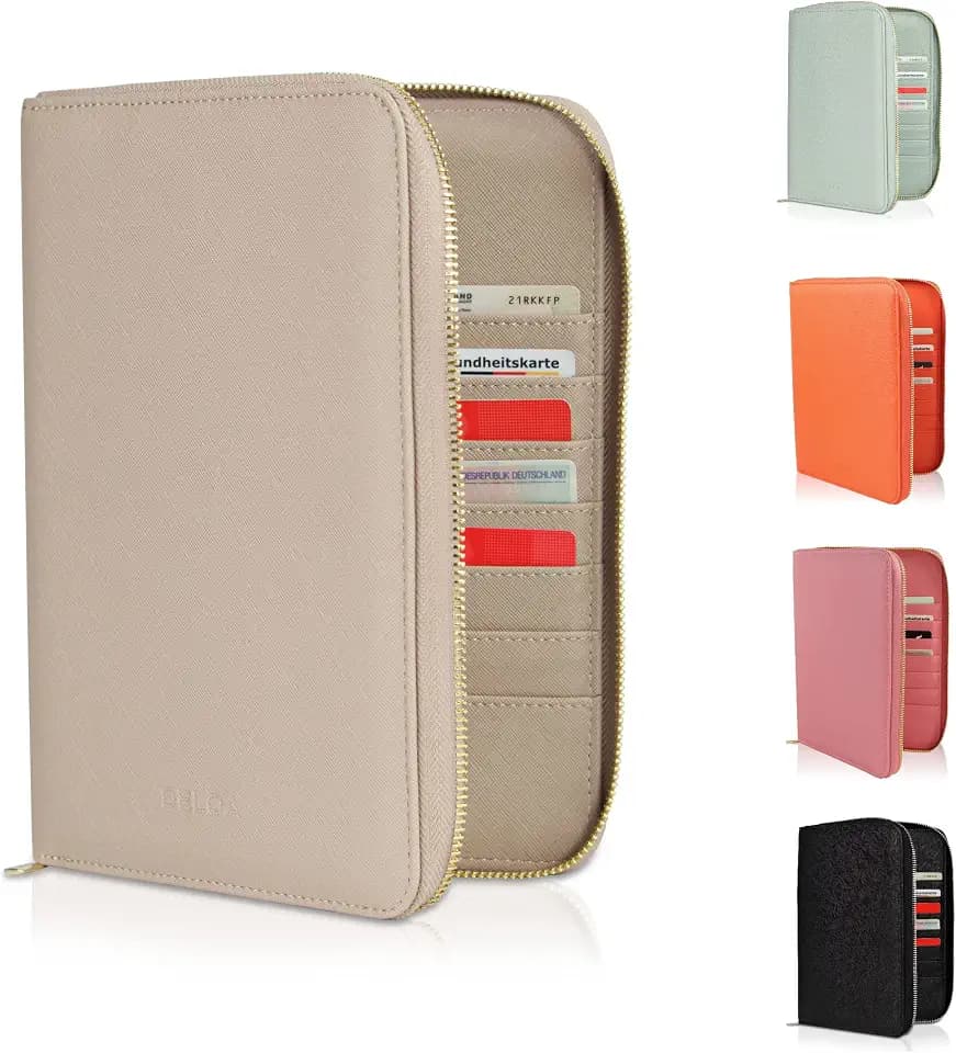Reiseunterlagen & Familien Organizer, U-Heft Organizer- 3 in 1 Dokumententasche mit Fach für Impfpass und Reisepass in Saffiano Kunstleder (Taupe)