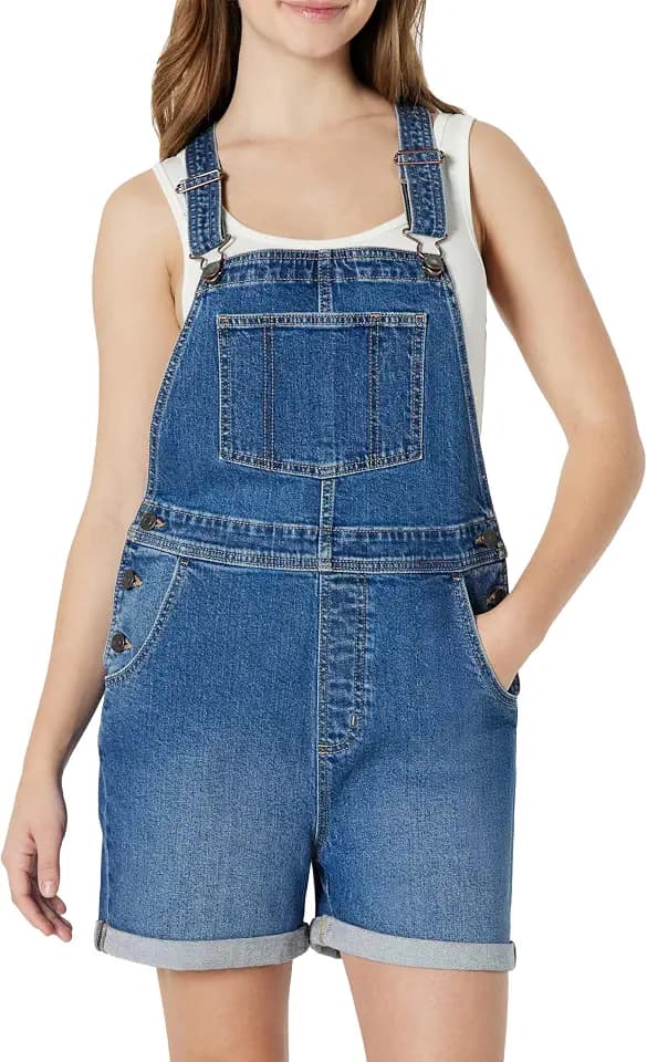 Amazon Essentials Women's Medium Stretch Relaxed-Fit Denim Short Overalls with Adjustable Straps