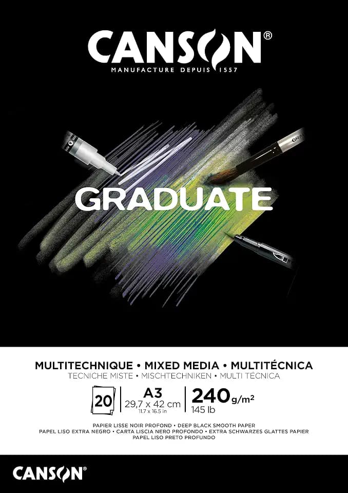 Canson Graduate Mix Media Notizblock, A3, 20 Blatt, Schwarz, fein, 240 g, C31250P018