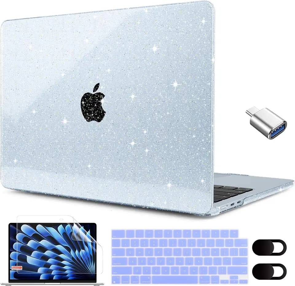 MEEgoodo Glitter Case for M5/M4/M3/M2 MacBook Air 15 inch Case 2026 2025 2024 2023, Fit Model (A3448/A3241/A3114/A2941), Laptop Shell for MacBook Air 15.3 inch, Sky Blue