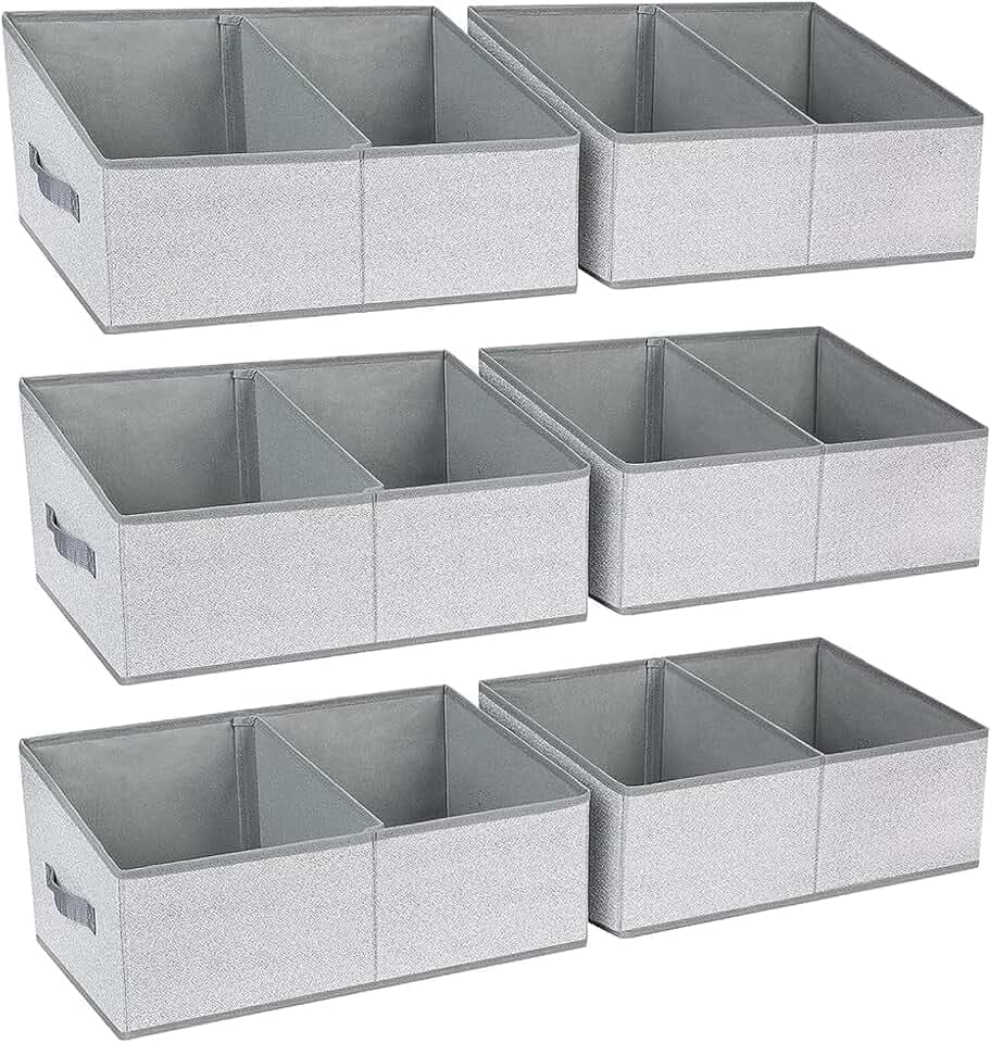 DIMJ Large Closet Shelf Organizer Bins 6 Packs with Handles and Divider, Fabric Trapezoid Storage Baskets, Foldable Clothes Containers Box for Shelf, Towel, Book, Toy, Purse, Hats, Grey