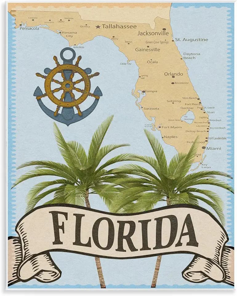 Florida Map Palm Tree Travel, 11 x 14 Inch Mounted Print on Wall Plaque