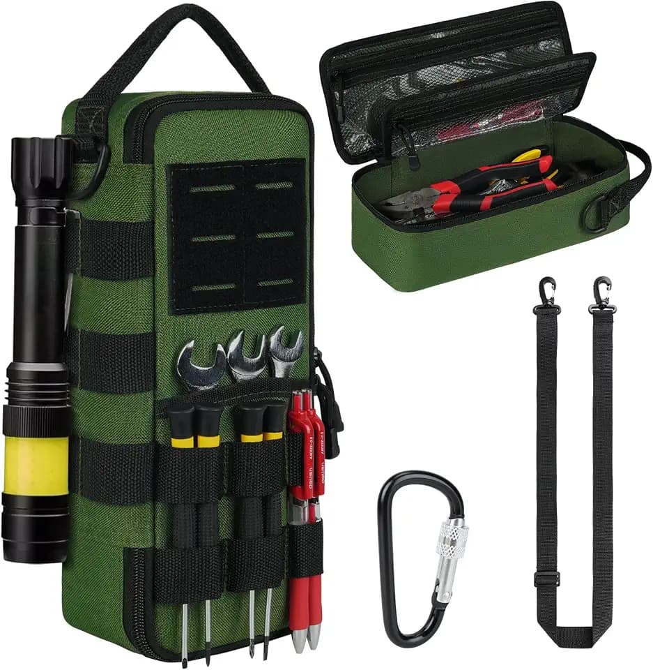 Heavy Duty Small Tool Bags for Men with Carabiner,Tactical Tool Pouch Bag,Portable Utility Tools Storage Organizer Case with Shoulder Strap for EDC,Motorcycle,Camping,Road Trip,Electricians,Green