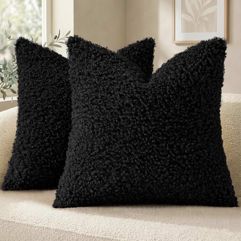 decorUhome Sherpa Decorative Throw Pillow Covers 22x22 Set of 2 Black